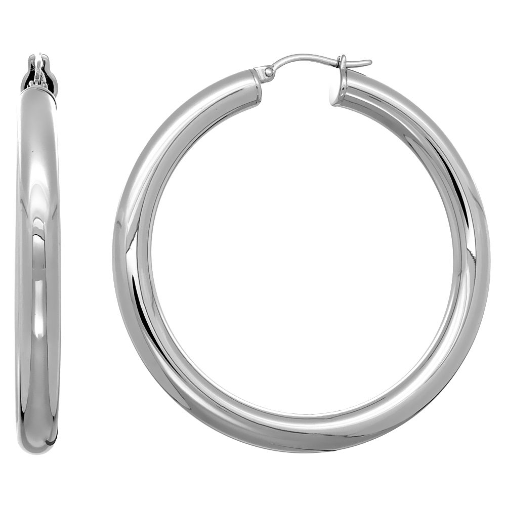 Stainless Steel Hoop Earrings 2 inch Polished 5mm Thick Tube Plain Light Weight