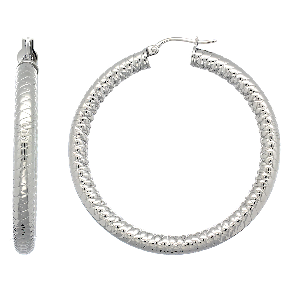 Stainless Steel Hoop Earrings 2 inch Tight Zigzag Pattern 5mm Thick Tube Light Weight