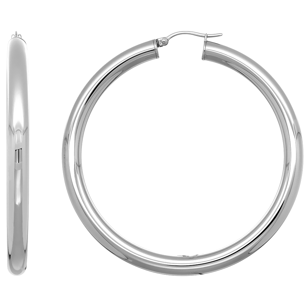 Stainless Steel Hoop Earrings 2 1/4 inch Polished 5mm Thick Tube Plain Light Weight