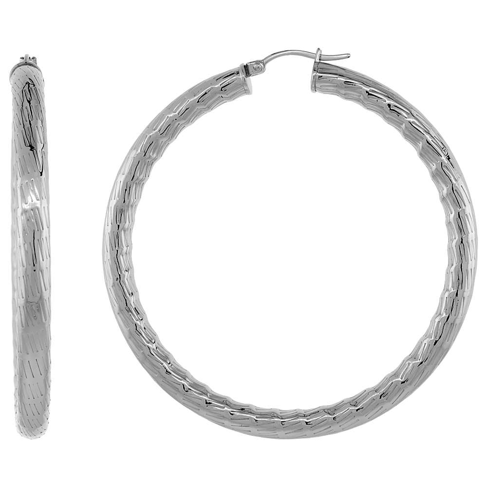 Stainless Steel Hoop Earrings 2 1/4 inch Bamboo Pattern 5mm Thick Tube Light Weight