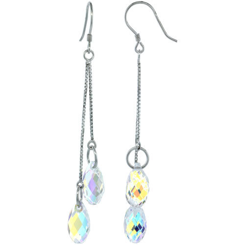 Sterling Silver Dangle Earrings w/ Yellow Briolette Swarovski Crystal 2 1/4 in. (58 mm) tall, Rhodium Finish