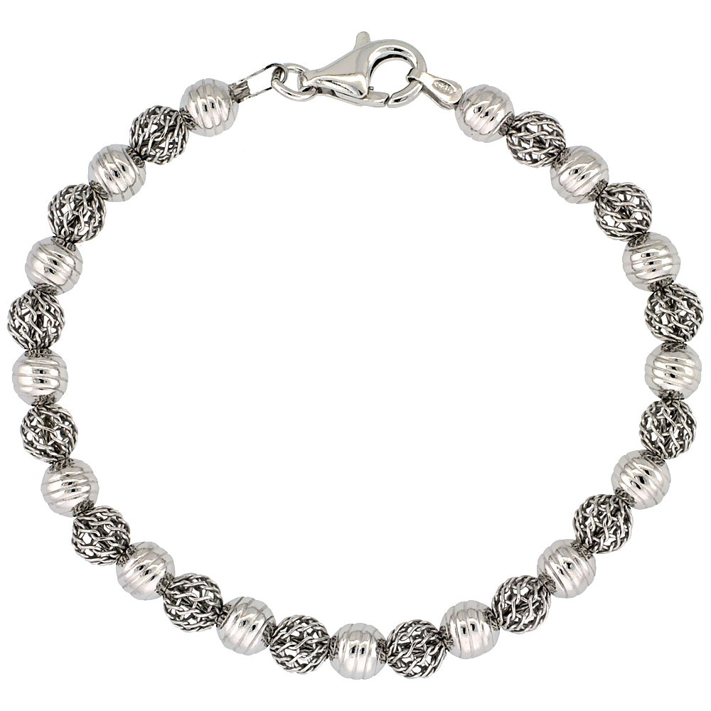 Sterling Silver Corrugated Filigree Bead Bracelet White Gold Finish, 7 inch