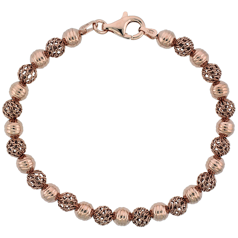 Sterling Silver Corrugated Filigree Bead Bracelet Rose Gold Finish, 7 inch