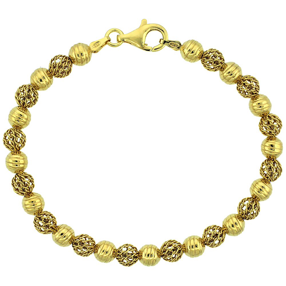 Sterling Silver Corrugated Filigree Bead Bracelet Gold Finish, 7 inch