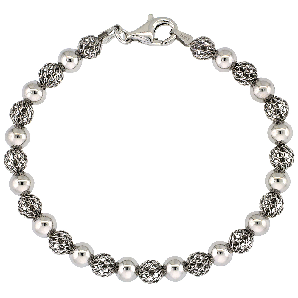 Sterling Silver Polished Filigree Bead Bracelet White Gold Finish, 7 inch