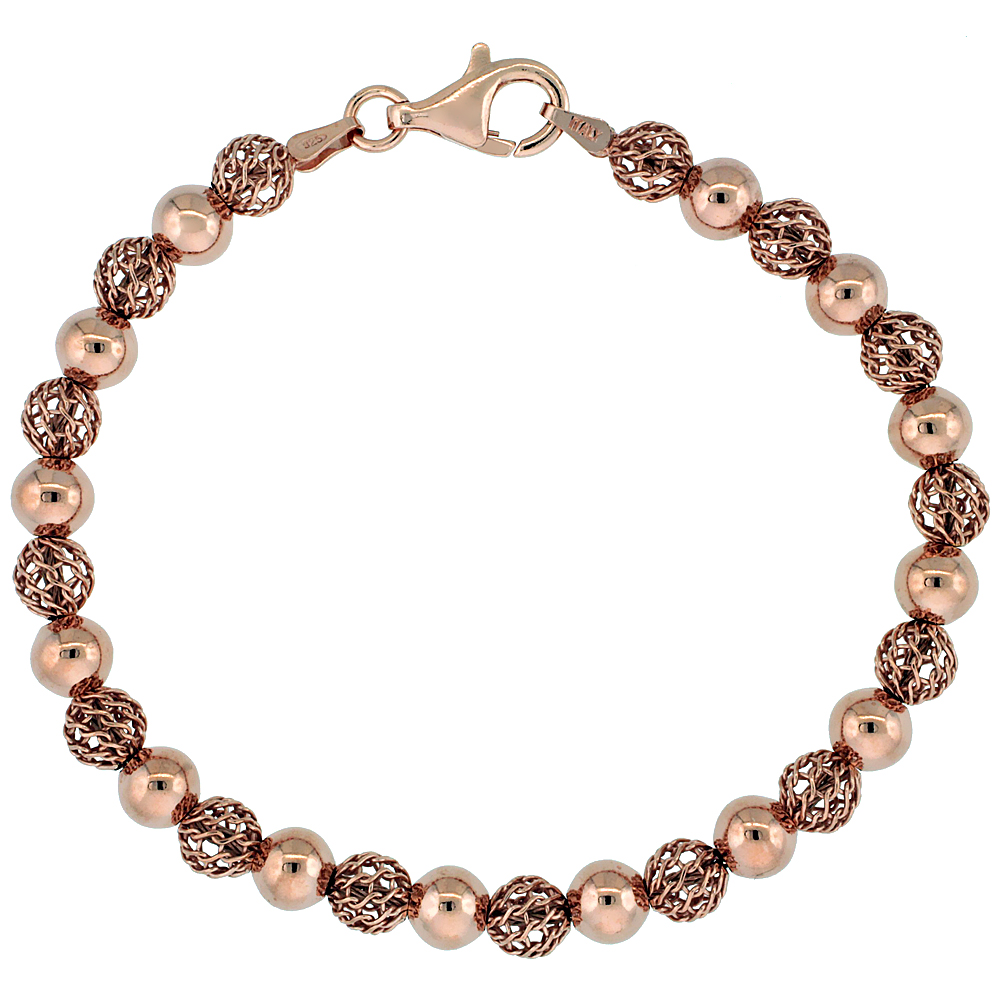 Sterling Silver Polished Filigree Bead Bracelet Rose Gold Finish, 7 inch