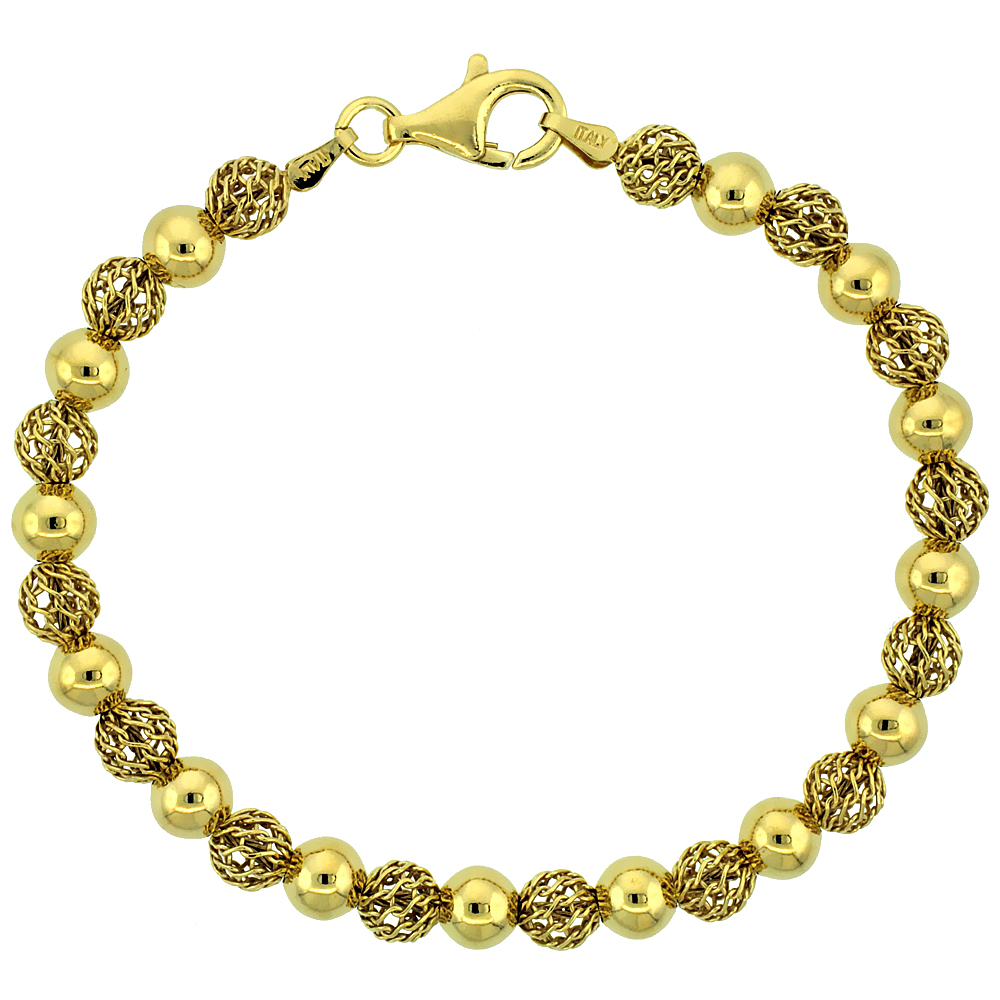 Sterling Silver Polished Filigree Bead Bracelet Gold Finish, 7 inch