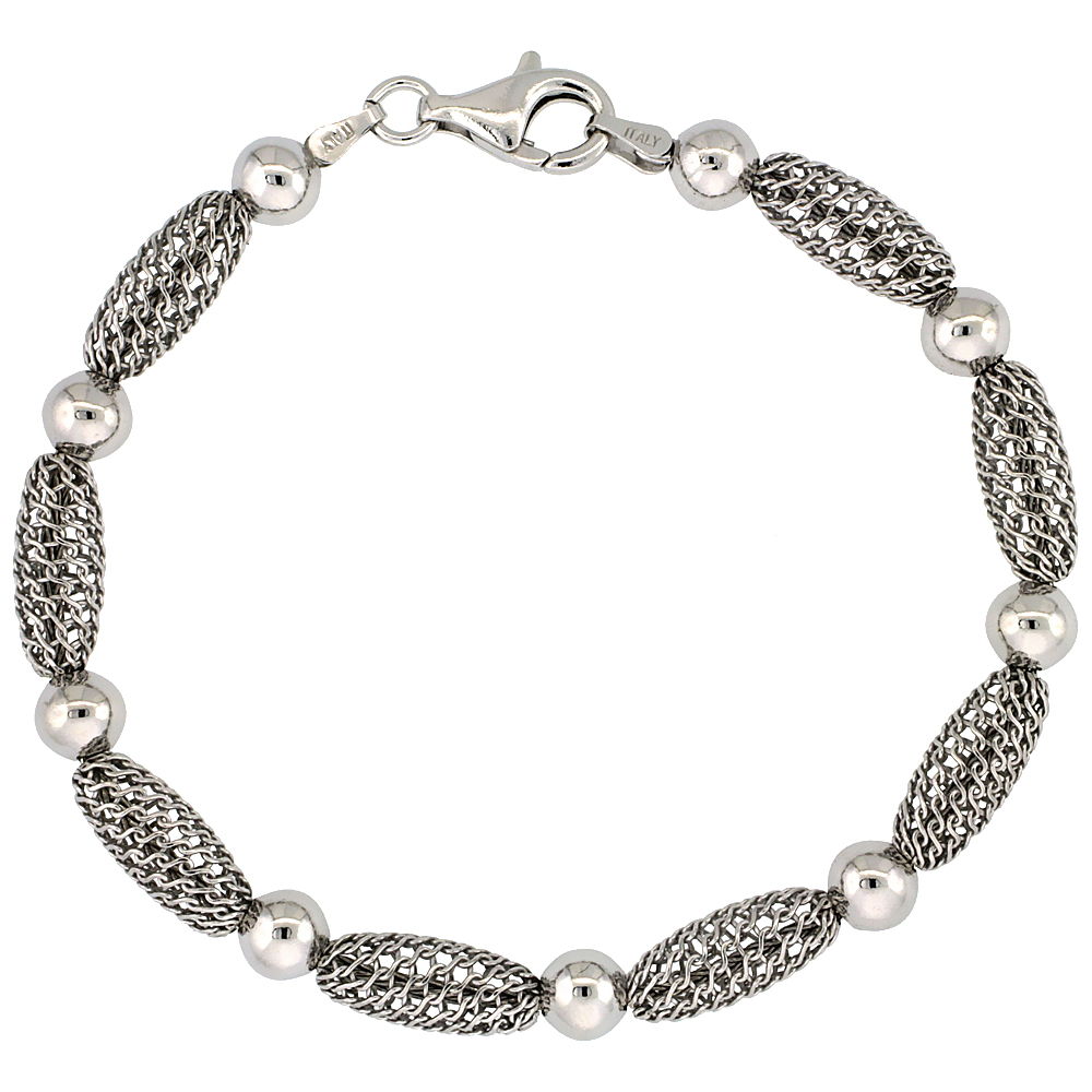 Sterling Silver Oval Filigree Bead Bracelet White Gold Finish, 7 inch