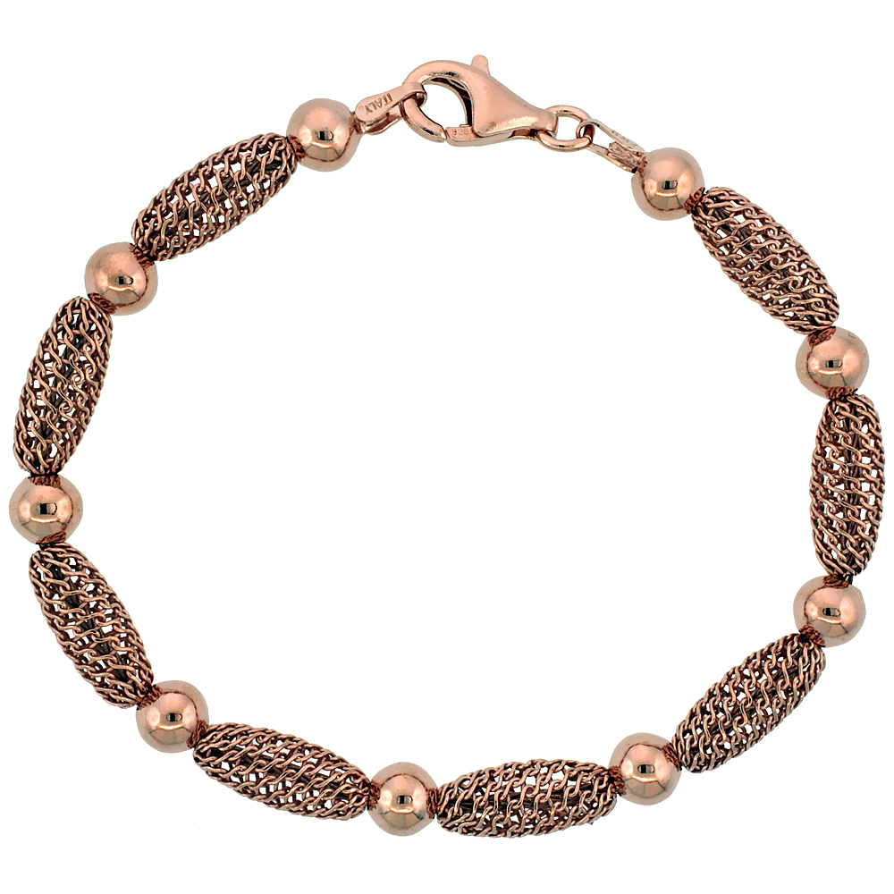 Sterling Silver Oval Filigree Bead Bracelet Rose Gold Finish, 7 inch