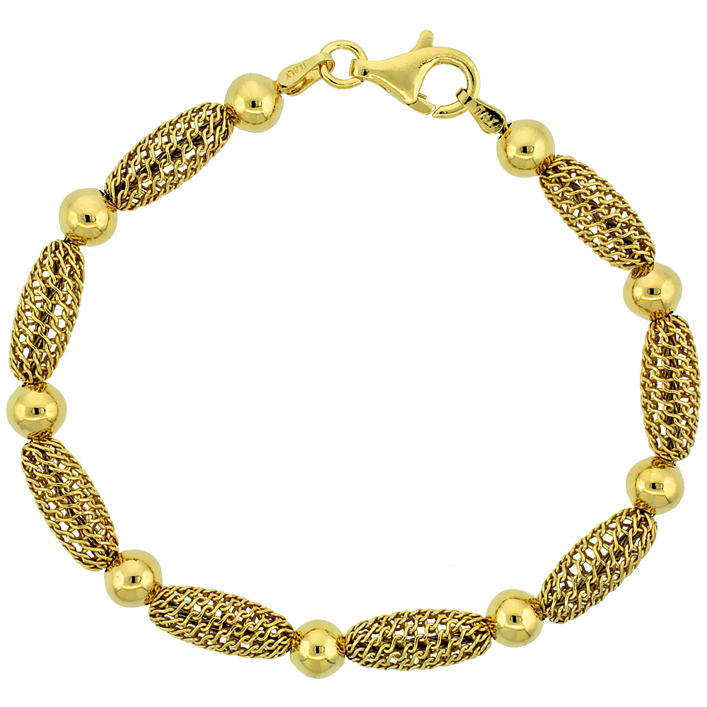 Sterling Silver Oval Filigree Bead Bracelet Gold Finish, 7 inch