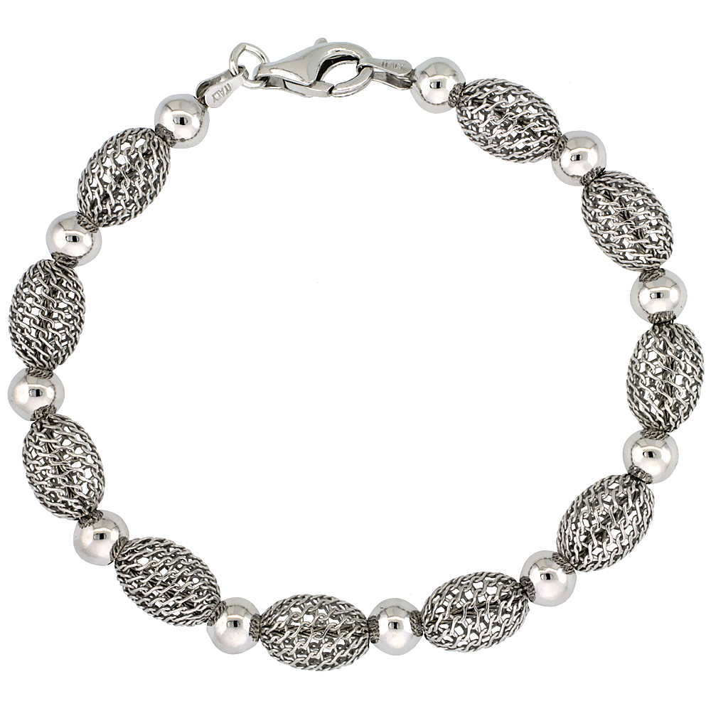 Sterling Silver Oval Filigree Bead Bracelet White Gold Finish, 7 inch