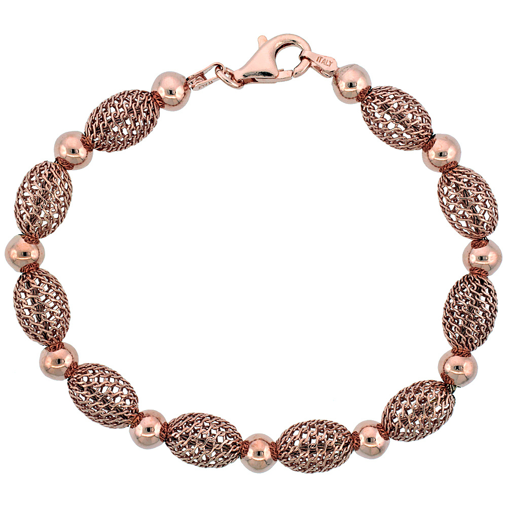 Sterling Silver Oval Filigree Bead Bracelet Rose Gold Finish, 7 inch