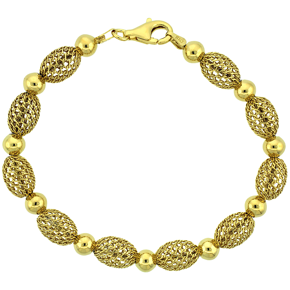Sterling Silver Oval Filigree Bead Bracelet Gold Finish, 7 inch