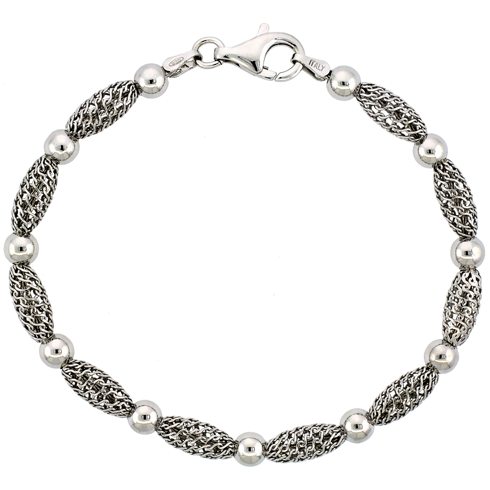 Sterling Silver Corrugated Filigree Bead Bracelet White Gold Finish, 7 inch
