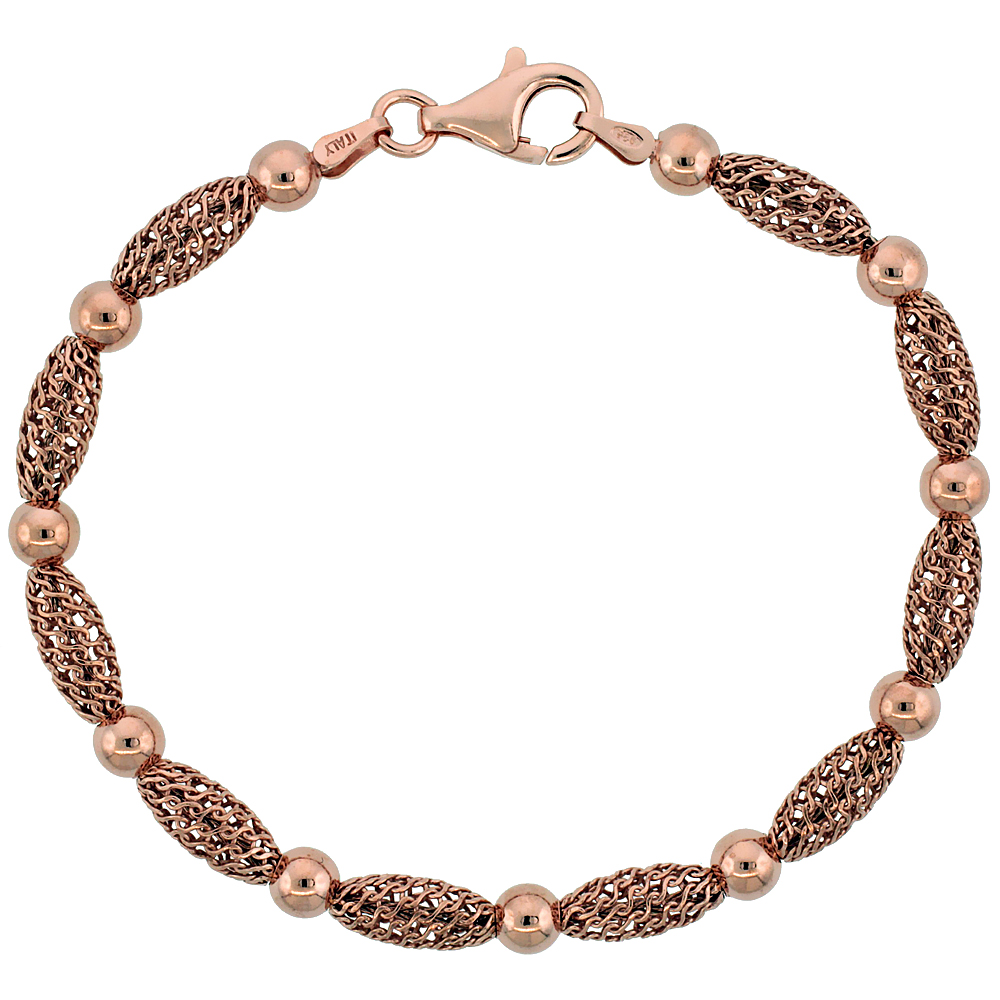 Sterling Silver Corrugated Filigree Bead Bracelet Rose Gold Finish, 7 inch