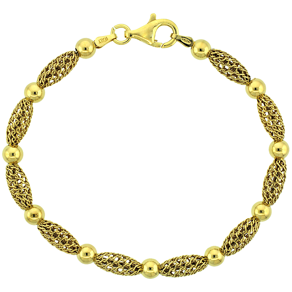 Sterling Silver Corrugated Filigree Bead Bracelet Gold Finish, 7 inch
