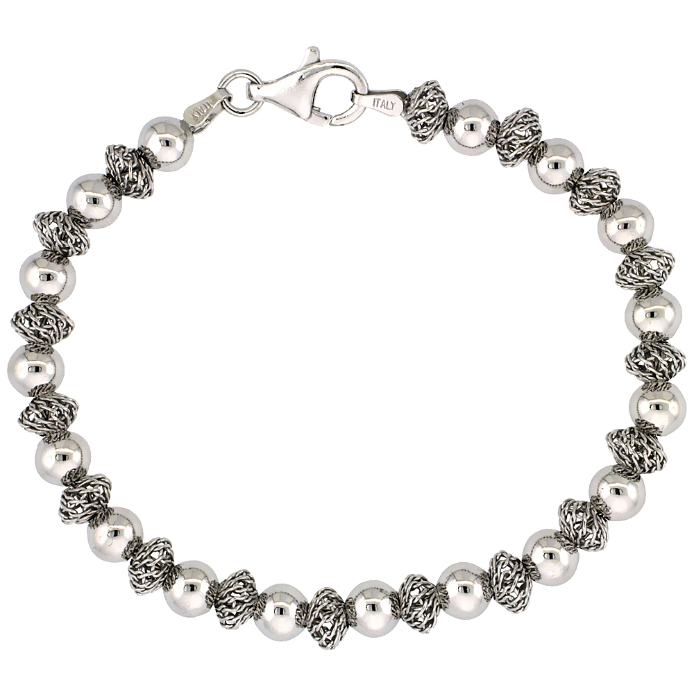 Sterling Silver Oval Filigree Bead Bracelet White Gold Finish, 7 inch
