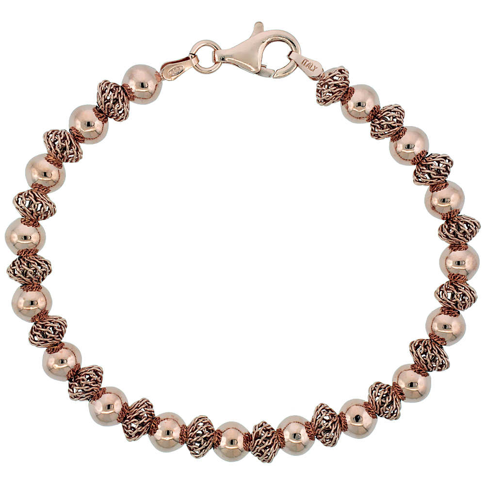 Sterling Silver Oval Filigree Bead Bracelet Rose Gold Finish, 7 inch
