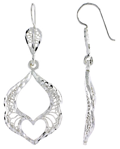 Sterling Silver Filigree Earrings, Heart Cut Out 1 3/4 inch