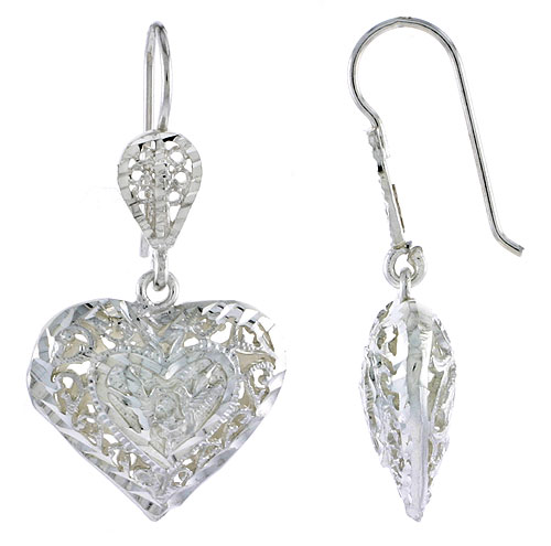 Sterling Silver Filigree Puffy Heart Earrings 1 3/16 inch