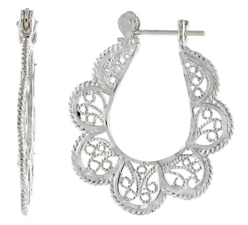 Sterling Silver Filigree Hoop Earrings Snap-down post, 1 1/4 inch