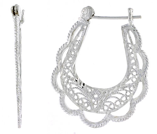 Sterling Silver Filigree Hoop Earrings Snap-down post, 1 1/4 inch