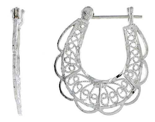 Sterling Silver Filigree Hoop Earrings Snap-down post, 1 1/8 inch