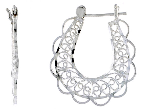 Sterling Silver Filigree Hoop Earrings Snap-down post, 1 1/4 inch
