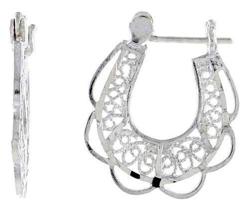 Sterling Silver Filigree Hoop Earrings Snap-down post, 1 inch