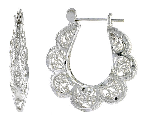 Sterling Silver Filigree Puffy Hoop Earrings Snap-down post, 1 3/16 inch