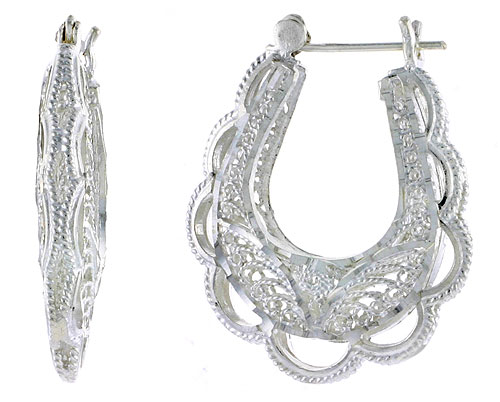 Sterling Silver Filigree Puffy Hoop Earrings Snap-down post, 1 1/4 inch