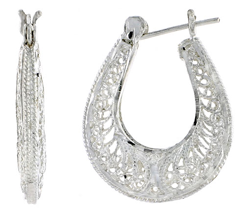 Sterling Silver Filigree Puffy Hoop Earrings Snap-down post, 1 3/16 inch
