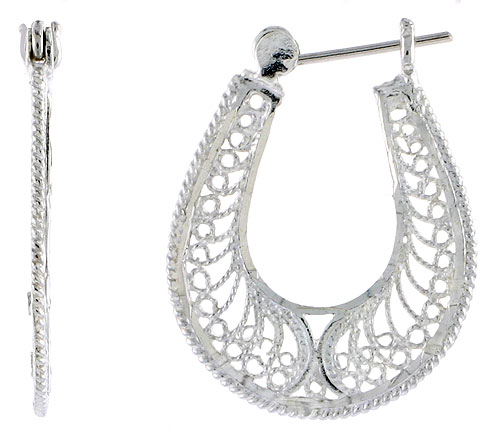 Sterling Silver Filigree Hoop Earrings Snap-down post, 1 3/16 inch