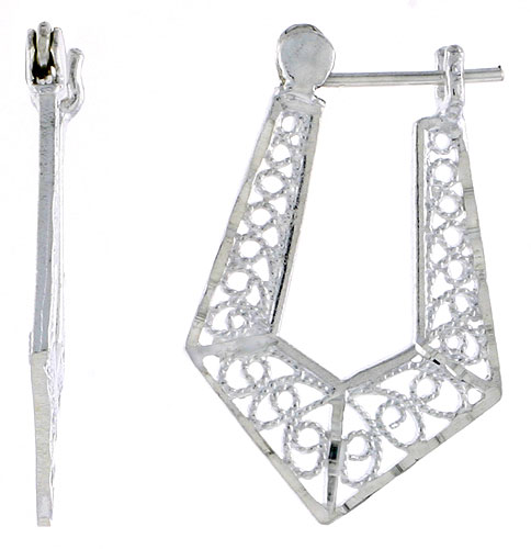 Sterling Silver Filigree Hoop Earrings Snap-down post, 1 1/8 inch