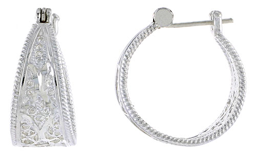 Sterling Silver Filigree Hoop Earrings Snap-down post, 1 inch