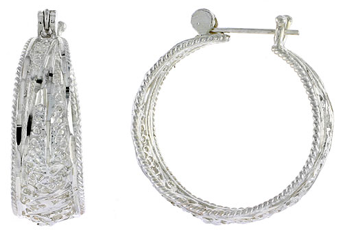 Sterling Silver Filigree Hoop Earrings Snap-down post, 1 1/4 inch