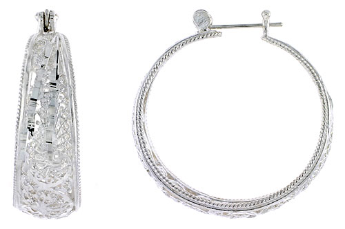 Sterling Silver Filigree Hoop Earrings Snap-down post, 1 1/2 inch