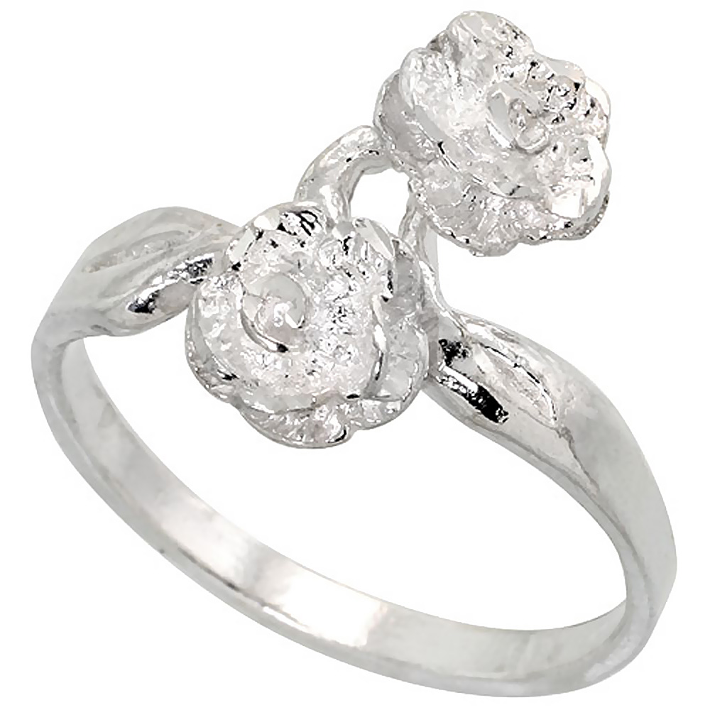 Sterling Silver Double Rose Ring Polished finish 5/8 inch wide, sizes 6 - 9