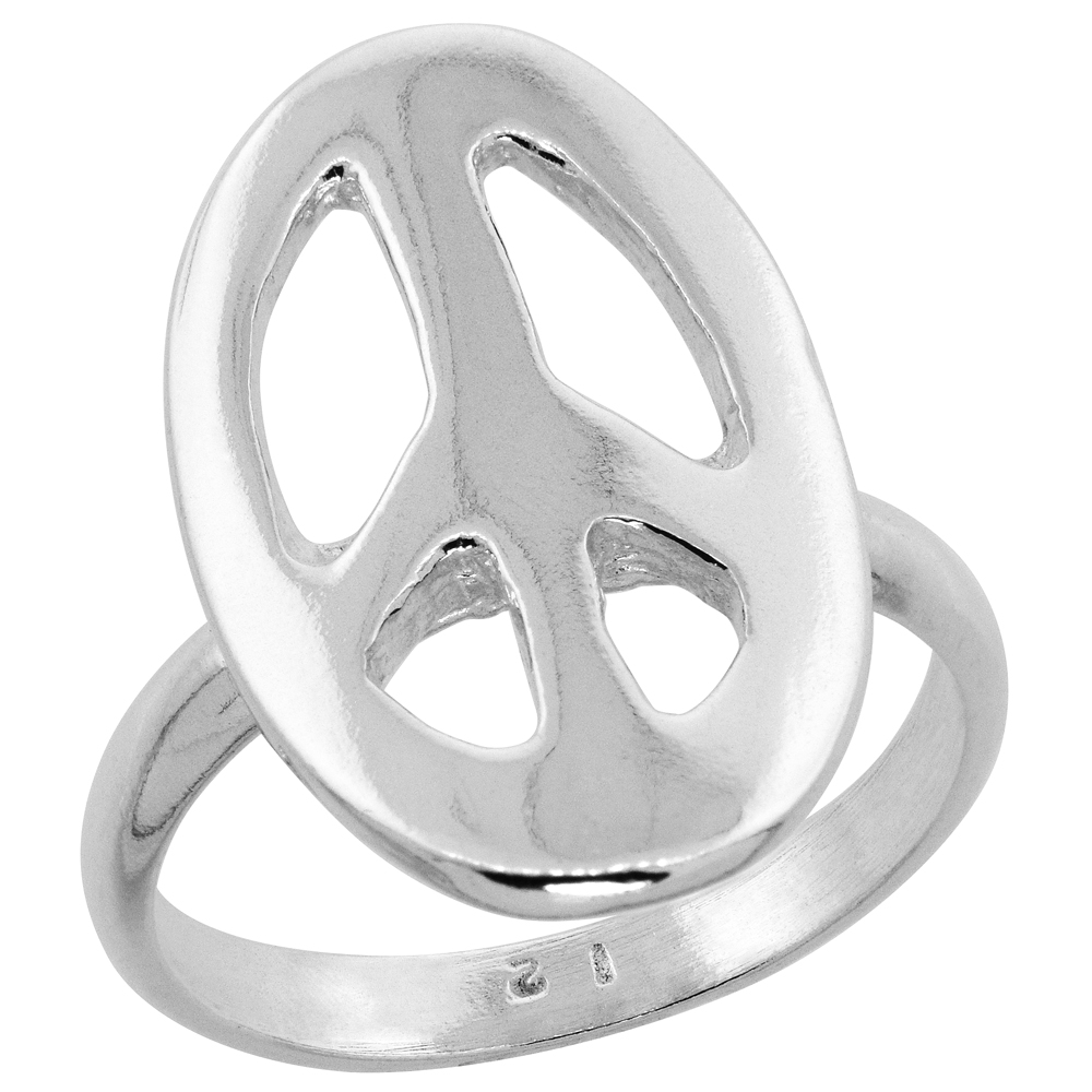 Sterling Silver Oval Peace Sign Ring Polished finish 1 inch wide, sizes 6 - 9