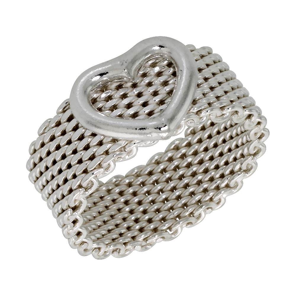 Sterling Silver Heavy Mesh Ring w/ Heart Handmade 5/16 inch wide, sizes 5 - 11