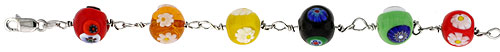 7" Sterling Silver Italian Charm Bracelet, w/ Floral-designed Murano Glass Beads in Assorted Colors, 7/16" (11 mm) wide 