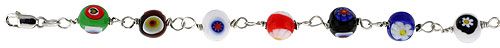 Sterling Silver Italian Charm Bracelet, w/ Floral-designed Murano Glass Beads, 5/16" (8 mm) wide 