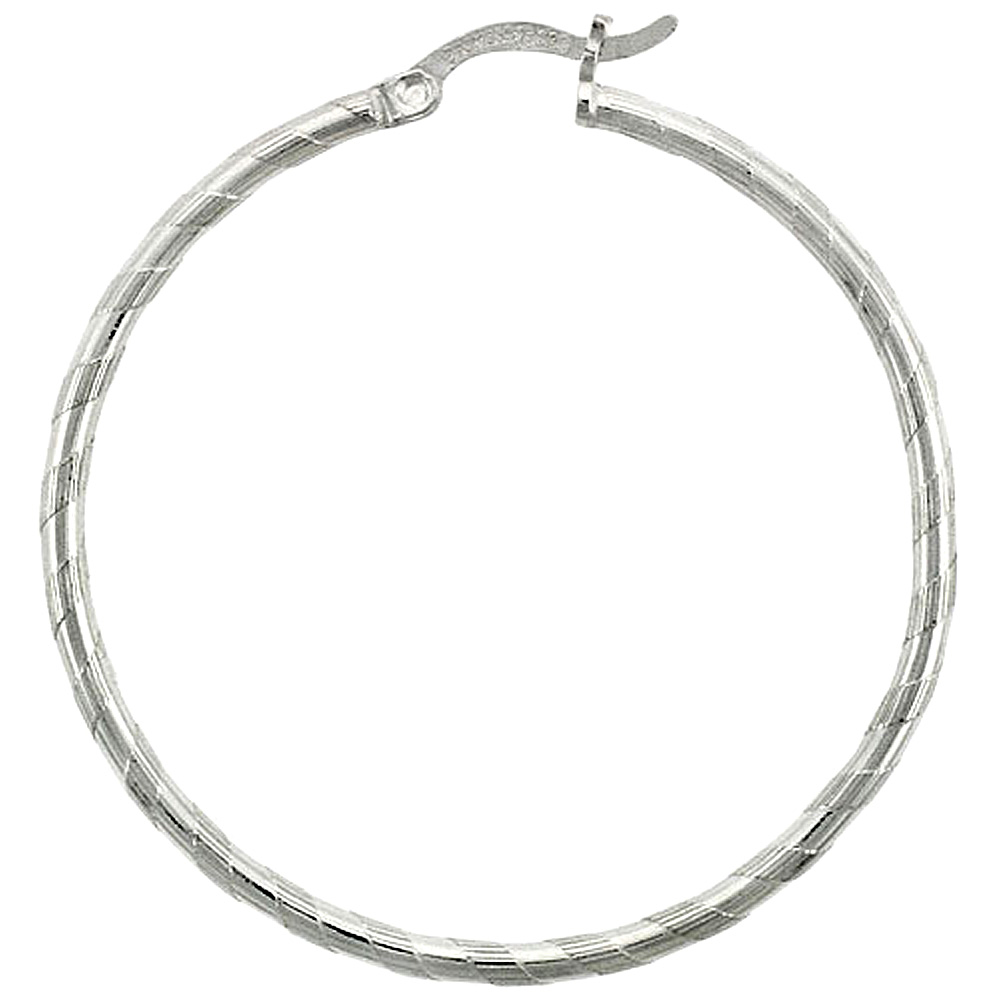 Sterling Silver 2mm Tube Candy Striped Hoop Earrings, 1 9/16" (40 mm)