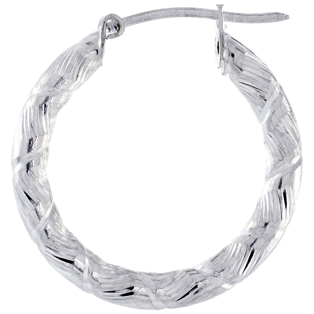 1" ( 25 mm ) Sterling Silver 3mm Tube Candy Striped Diamond Cut Hoop Earrings