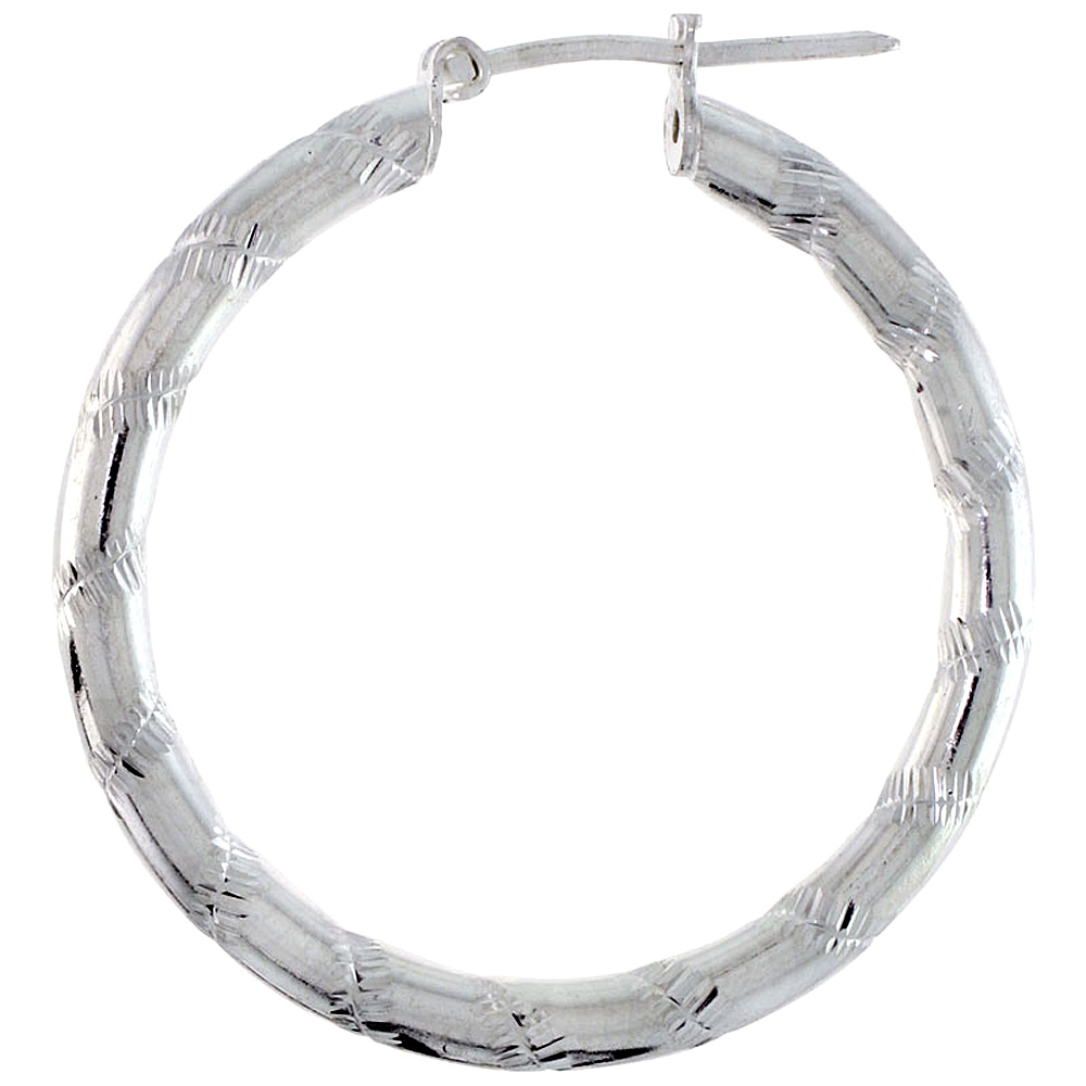 Sterling Silver Italian Hoop Earrings 3mm Candy Striped Diamond Cut, 1 1/4 inch Diameter