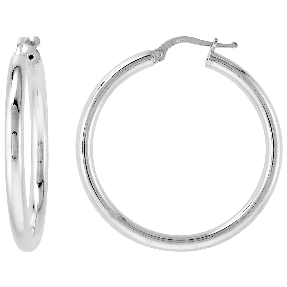 Sterling Silver Italian Hoop Earrings 3mm thick, 1 3/8 inch