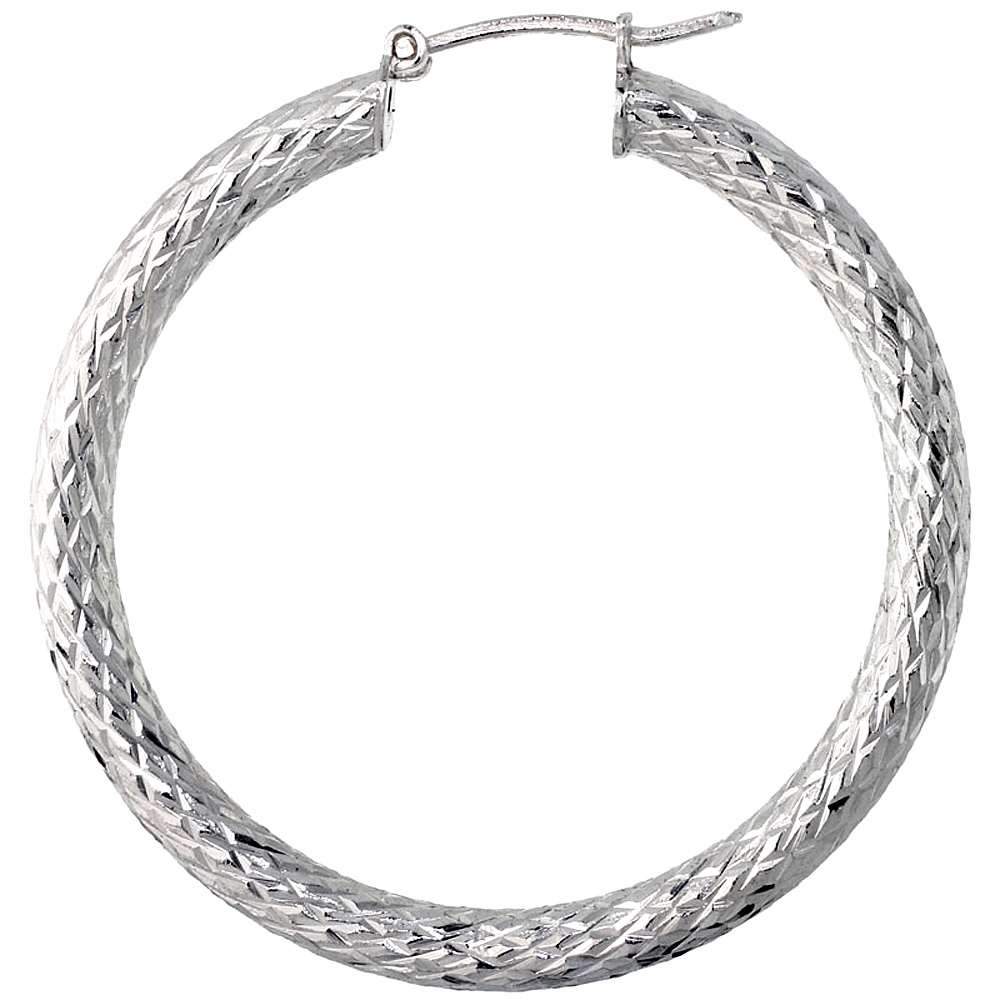 Sterling Silver Italian Hoop Earrings 3mm Diamond Cut, 1 1/2 inch