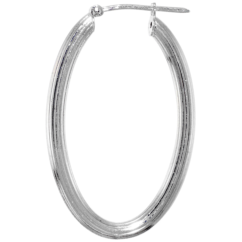 Sterling Silver Textured 1 1/2 inch Oval Hoop Earrings for Women Click Top 3mm Tube Linear Grooves 35mm Italy