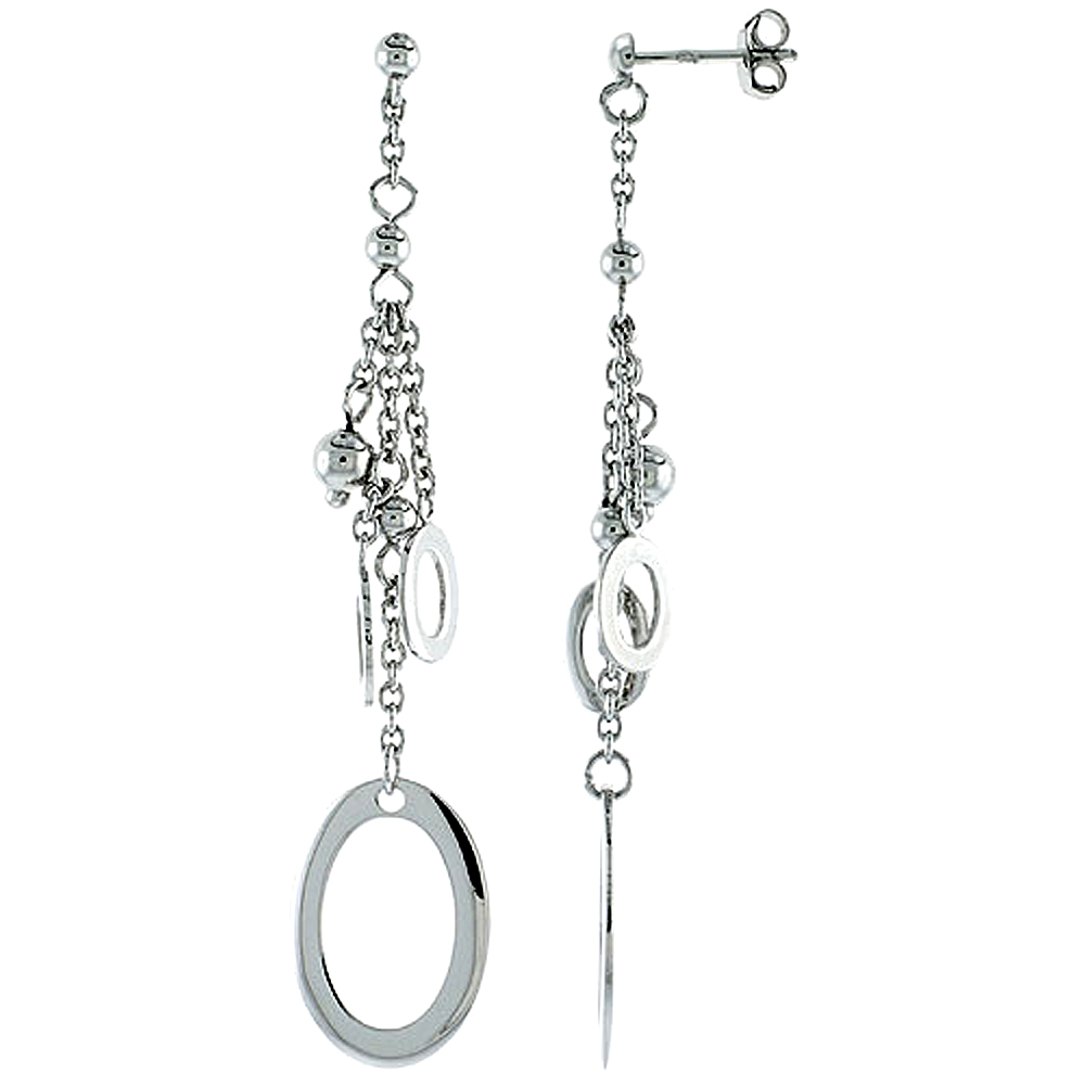 Sterling Silver Oval Post Earrings, w/ Rolo chain, 2 9/16 (65 mm)
