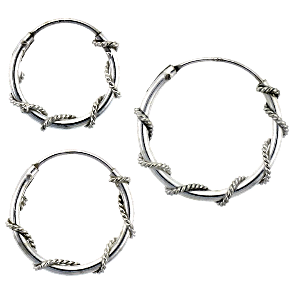 3 Sets Sterling Silver 14mm, 16mm & 18mm Rope Wire Wrapped Endless Hoop Earrings, total 9 pairs